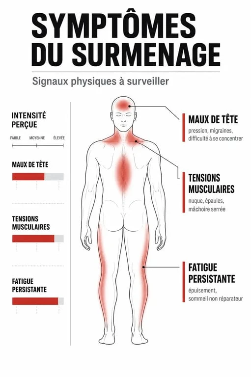 Infographie des symptômes du surmenage physique et psychologique