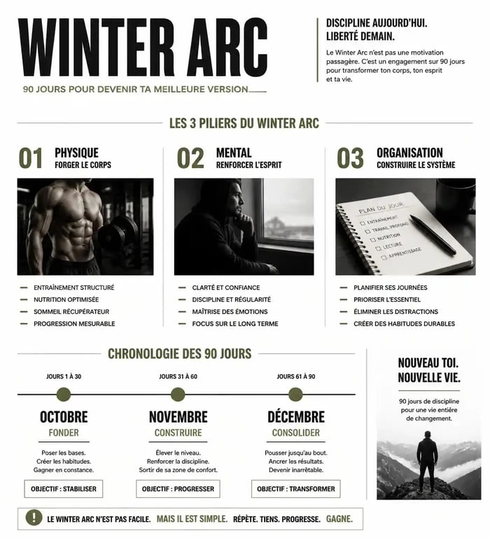 Infographie des piliers du Winter Arc pour une transformation physique et mentale