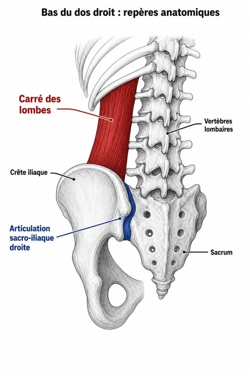 Schéma anatomique de la douleur bas du dos droit et du muscle carré des lombes