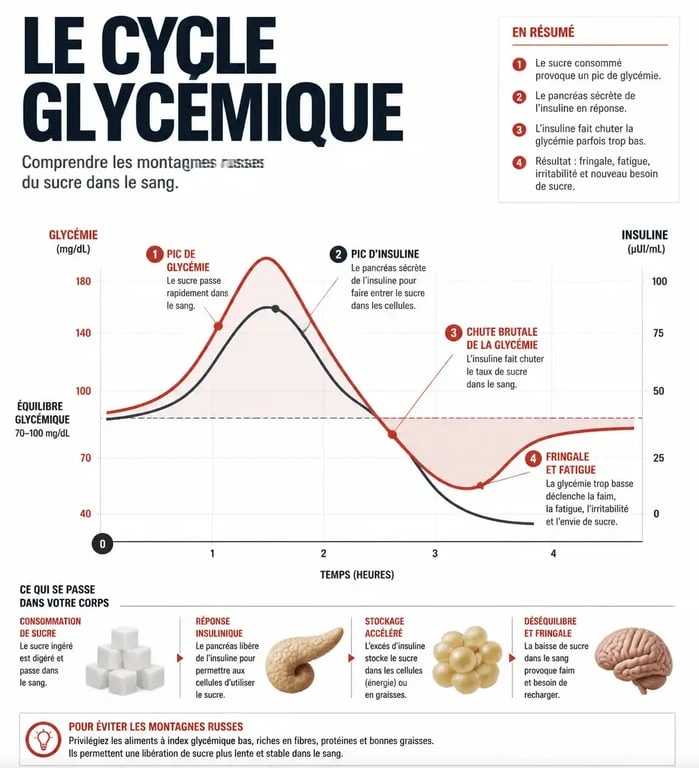Infographie expliquant le cycle glycémique et les effets du sucre sur la santé pour supprimer le sucre de son alimentation
