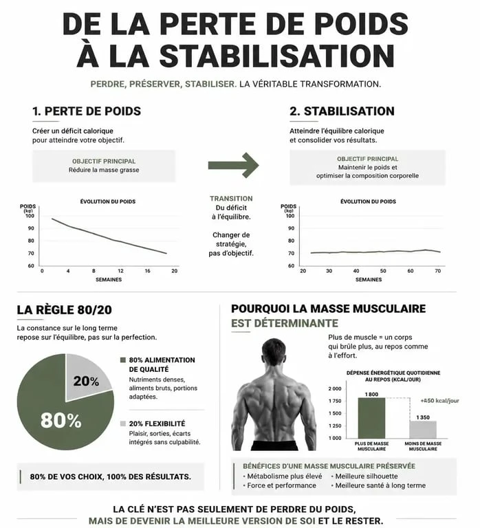 Infographie illustrant les clés de la stabilisation après un régime avant et après un régime