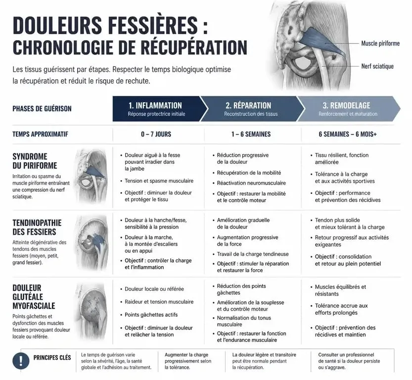 Infographie sur la durée de guérison d'une fessalgie selon la pathologie