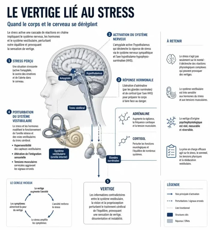 Schéma explicatif du mécanisme du vertige lié au stress et de son impact sur l'équilibre