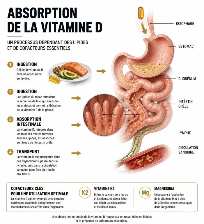 Infographie sur l'absorption optimale de la vitamine D et ses cofacteurs essentiels