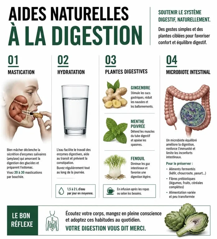 Infographie sur les aides naturelles pour la digestion et le confort intestinal