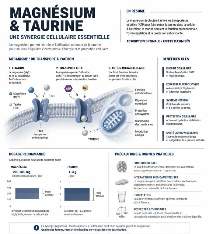 Infographie sur les effets secondaires et la synergie du magnésium et de la taurine