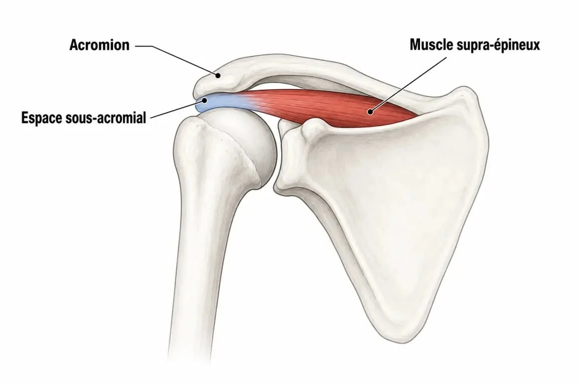 Schéma anatomique de l'épaule illustrant la tendinopathie du supra-épineux et le conflit sous-acromial