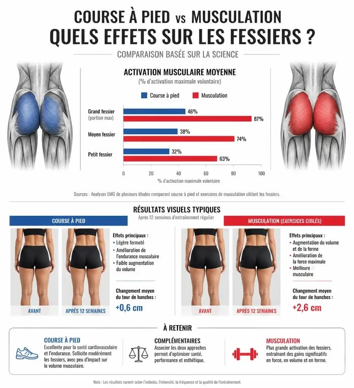 Infographie comparative : course à pied vs renforcement pour muscler les fessiers