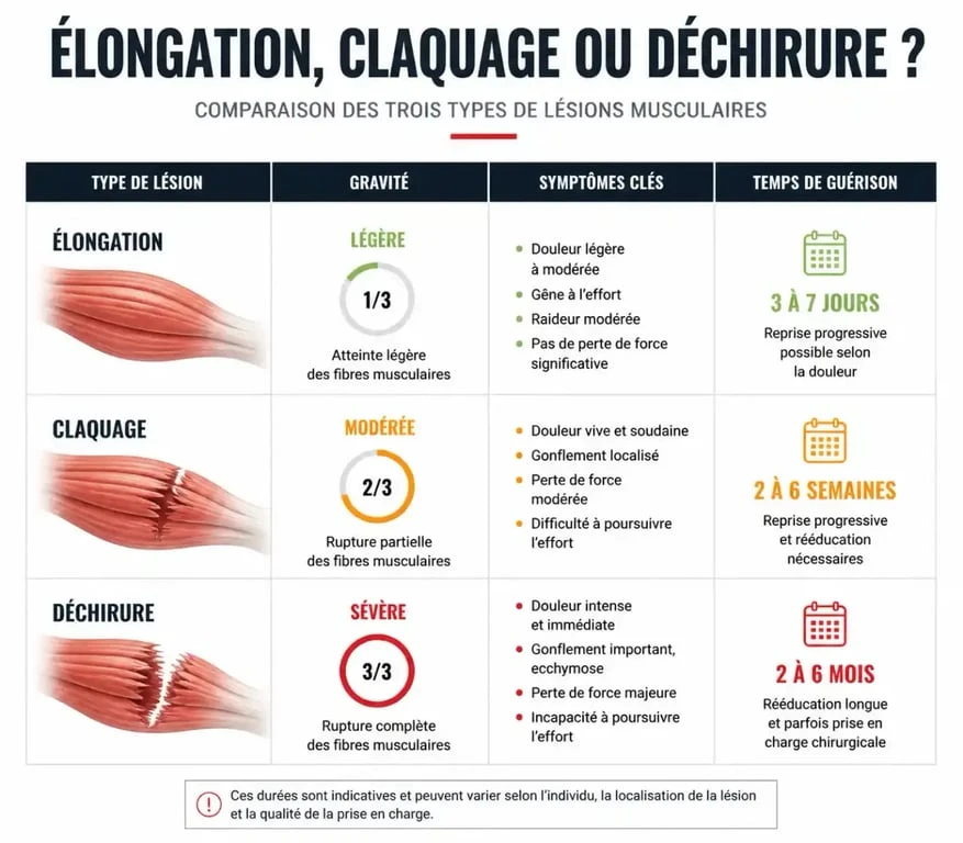 Infographie comparative des lésions musculaires : élongation musculaire temps de guérison et différences avec claquage et déchirure