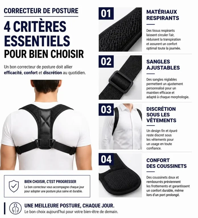 Infographie des critères pour choisir le meilleur correcteur de posture