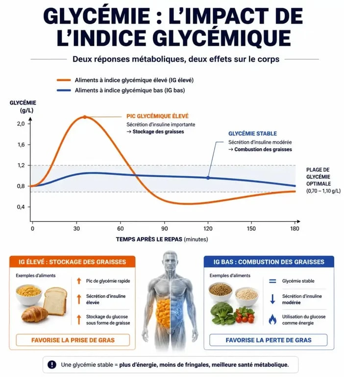 Infographie illustrant l'impact de l'indice glycémique sur la glycémie et la perte de poids