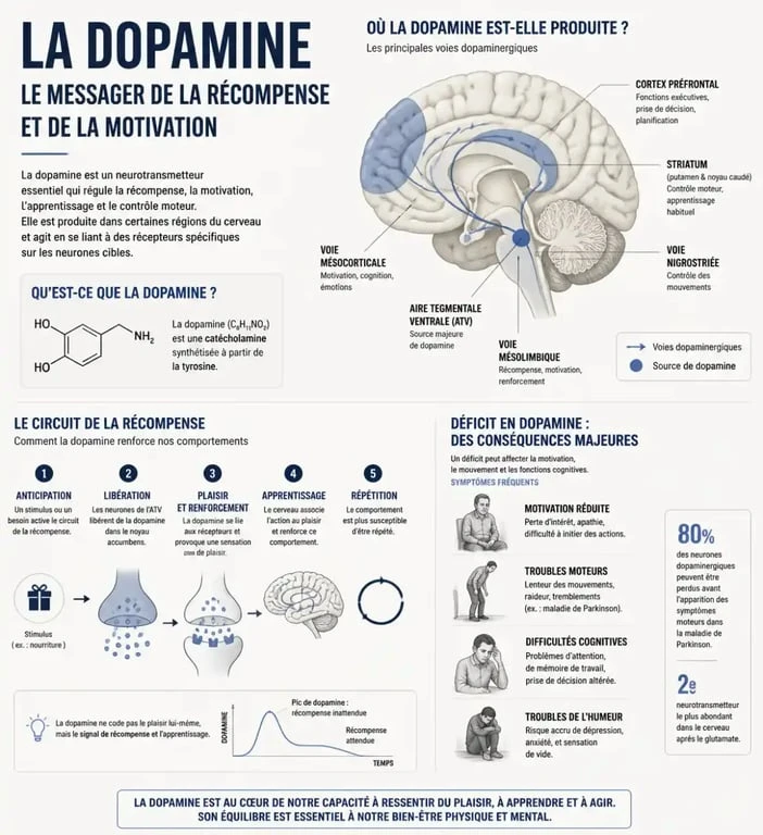 Infographie sur les symptômes du manque de dopamine et le fonctionnement du circuit de la récompense dans le cerveau.