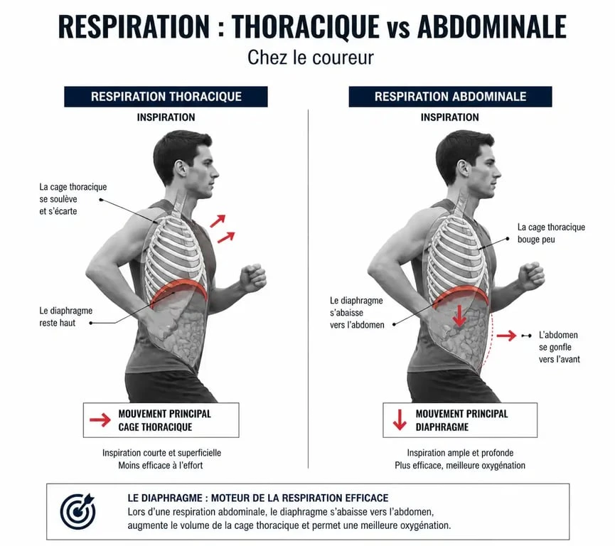 Schéma explicatif de la respiration abdominale et diaphragmatique pour bien respirer en courant