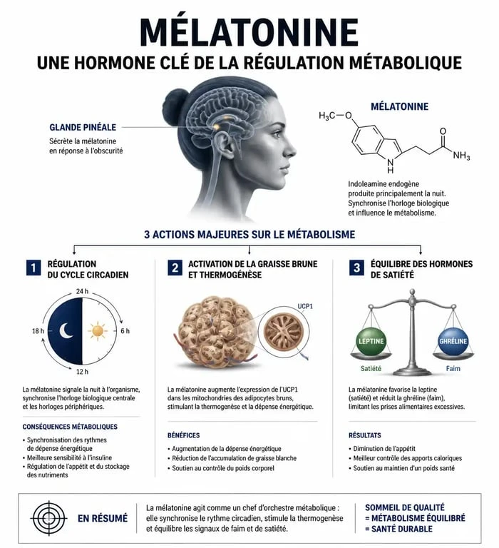 Infographie expliquant les effets de la mélatonine sur le métabolisme et la prise de poids