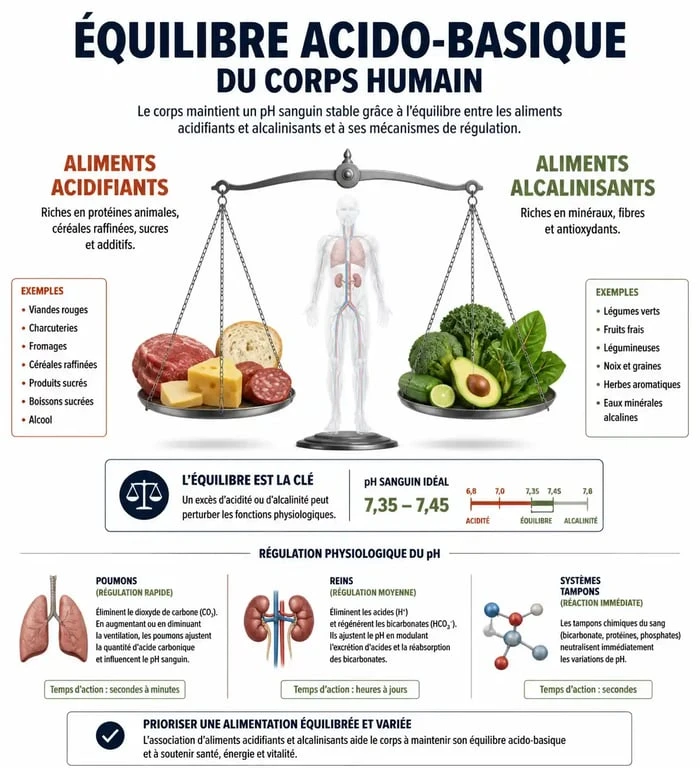 Infographie sur l'équilibre acido-basique et les aliments à éviter pour limiter l'acide lactique