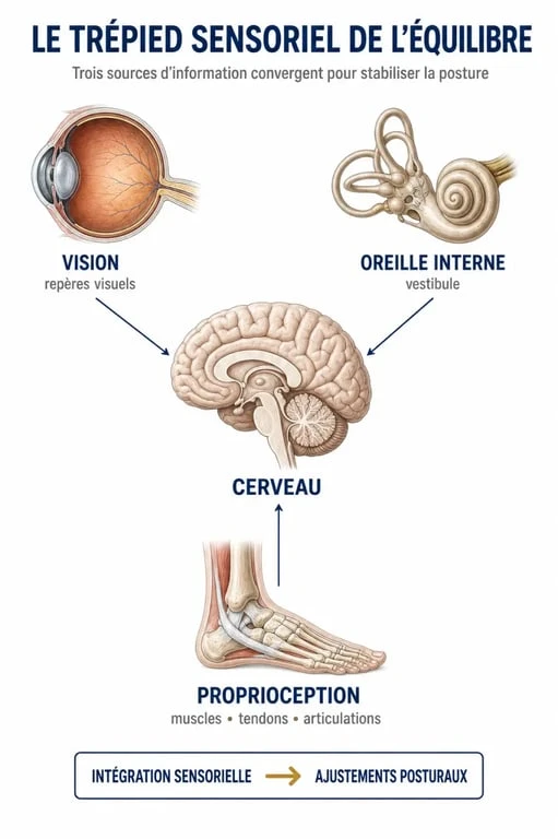 Schéma du trépied sensoriel expliquant le lien entre fatigue et vertige