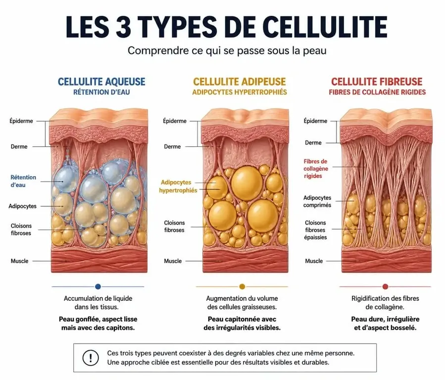 Schéma explicatif des trois types de cellulite des cuisses pour mieux comprendre comment perdre la cellulite des cuisses.