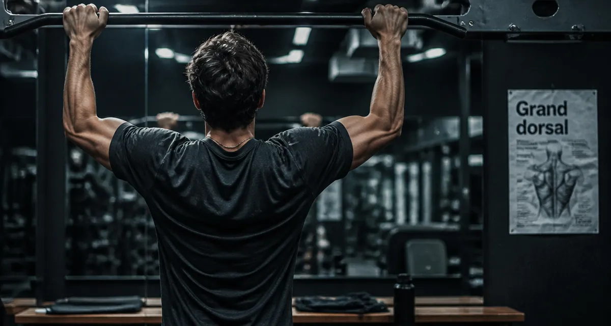 Muscle latissimus visible pendant une traction dos en salle de sport