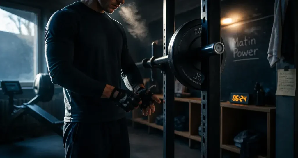 Musculation le matin en salle de sport calme, sportif avant squats