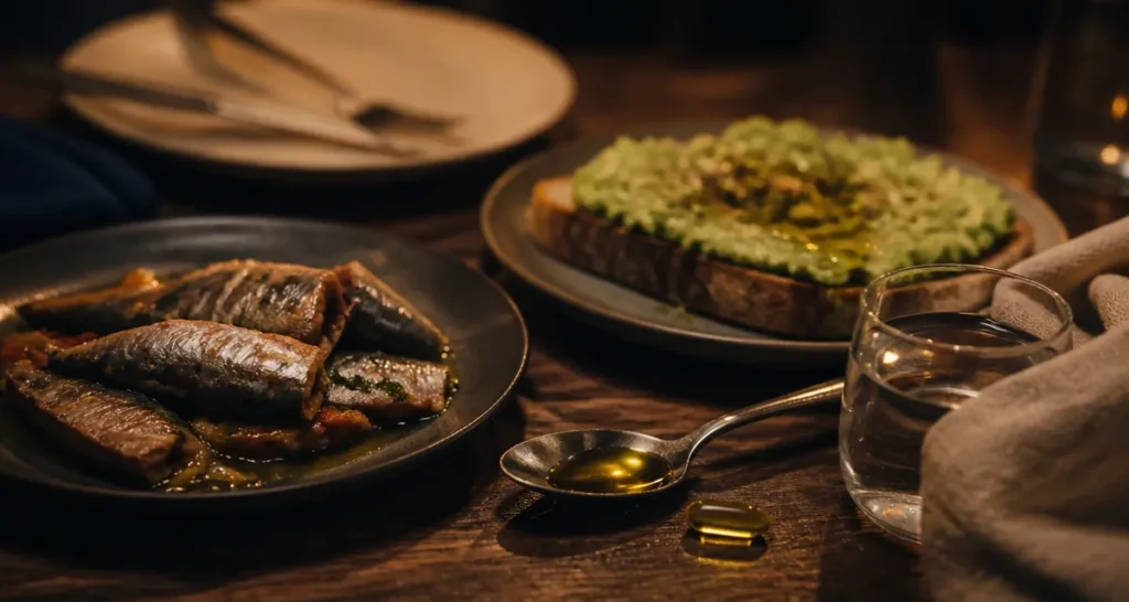 Vitamine D3 le soir : gélule avec eau au dîner, poissons gras