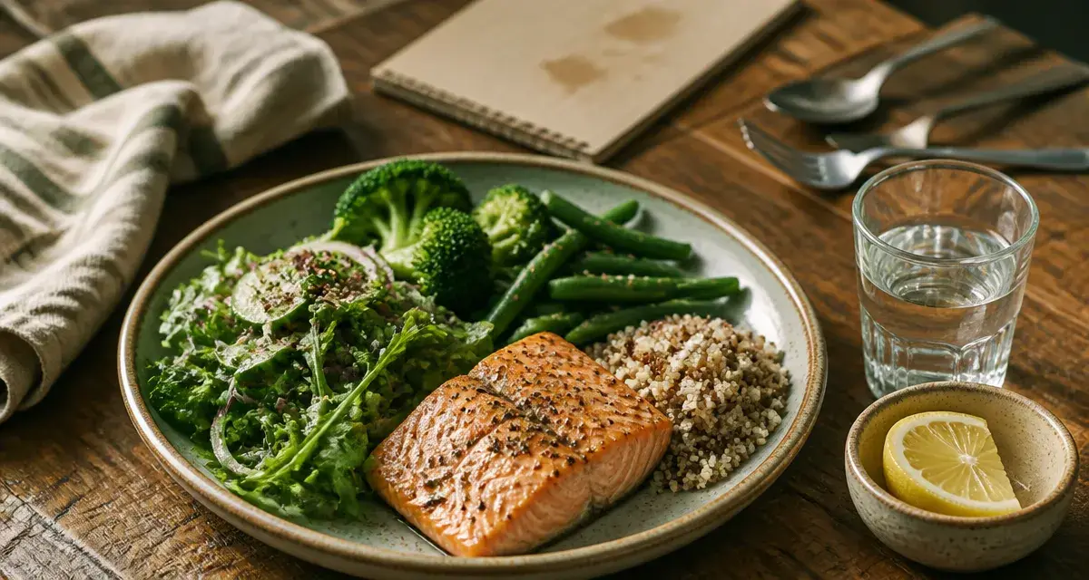 Quoi manger en régime : assiette équilibrée pour maigrir, saumon et légumes
