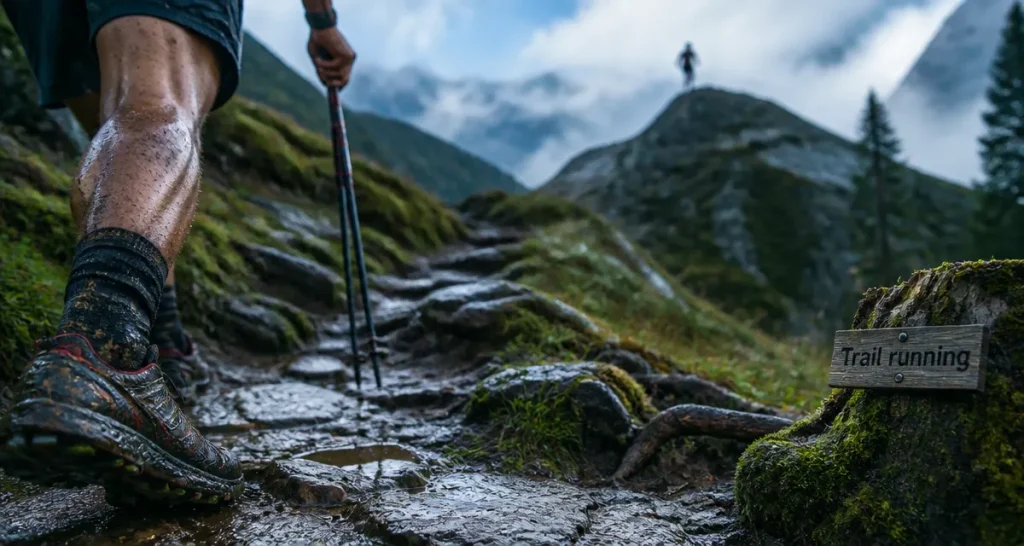 Running trail : chaussures boueuses et bâtons sur sentier de montagne