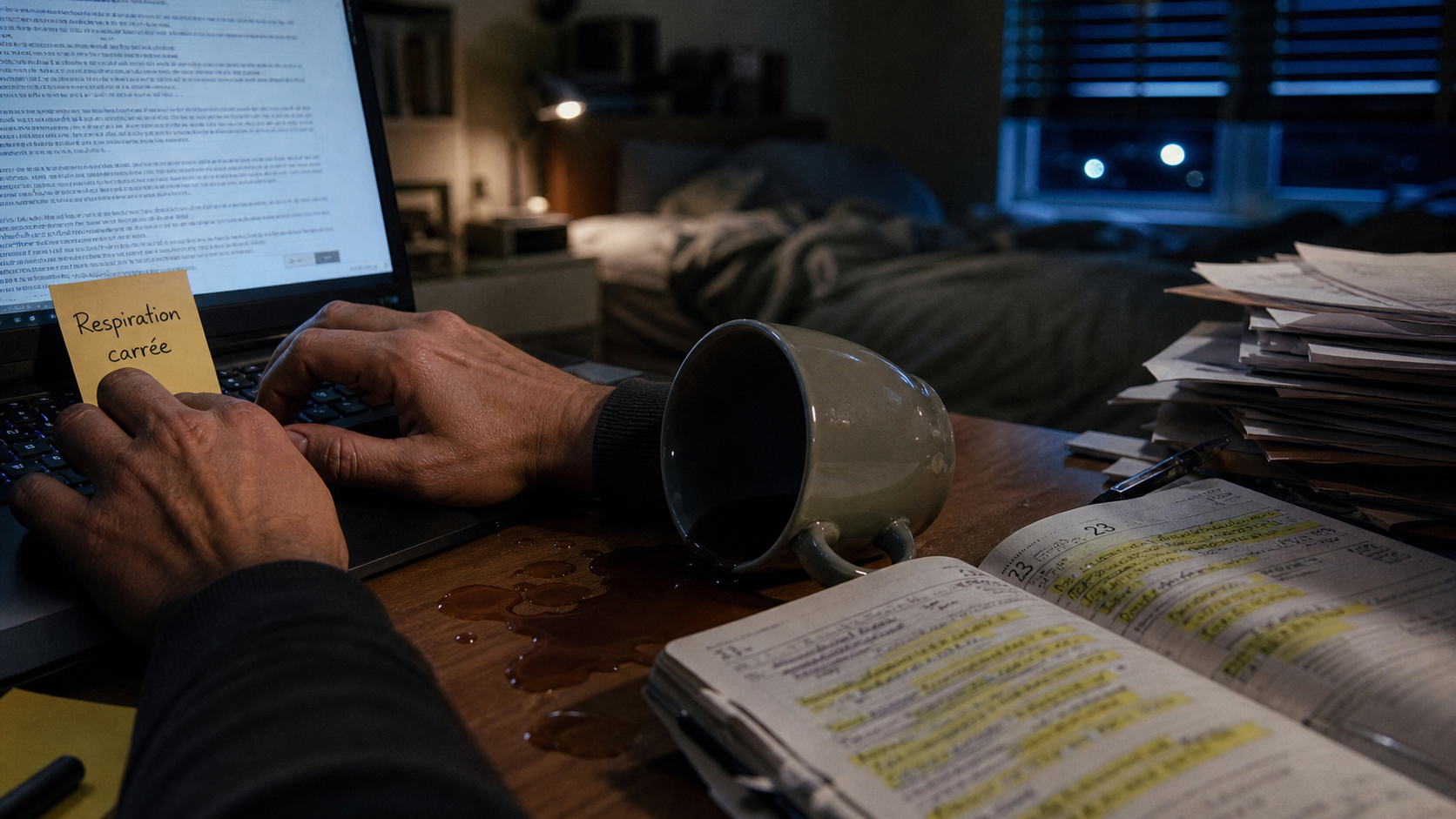 Surmenage symptôme : mains fatiguées sur clavier, signes mentaux et physiques