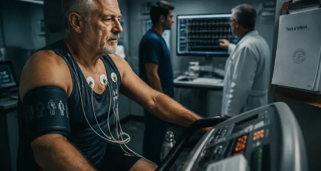 Test d effort a 60 ans : homme sur vélo, électrodes et ECG