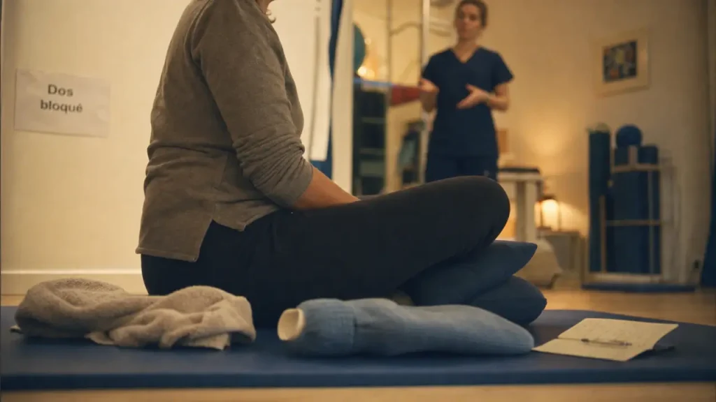 Bloqué dos : séance de kinésithérapie, bouillotte tiède et conseils pour bouger sans forcer