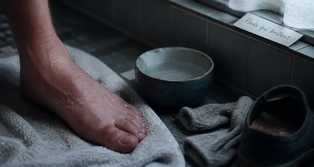 Brulure sous les pieds que faire : pied nu rouge, eau tiède, serviette
