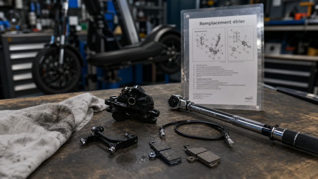 Changer etrier de frein : étrier disque de vélo démonté en atelier