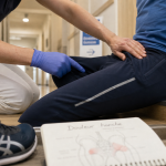 Douleur a la hanche, main pointant l’aine, consultation médicale