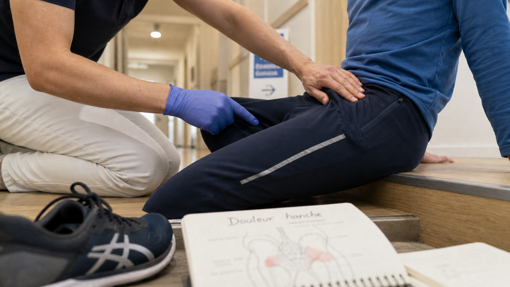 Douleur a la hanche, main pointant l’aine, consultation médicale