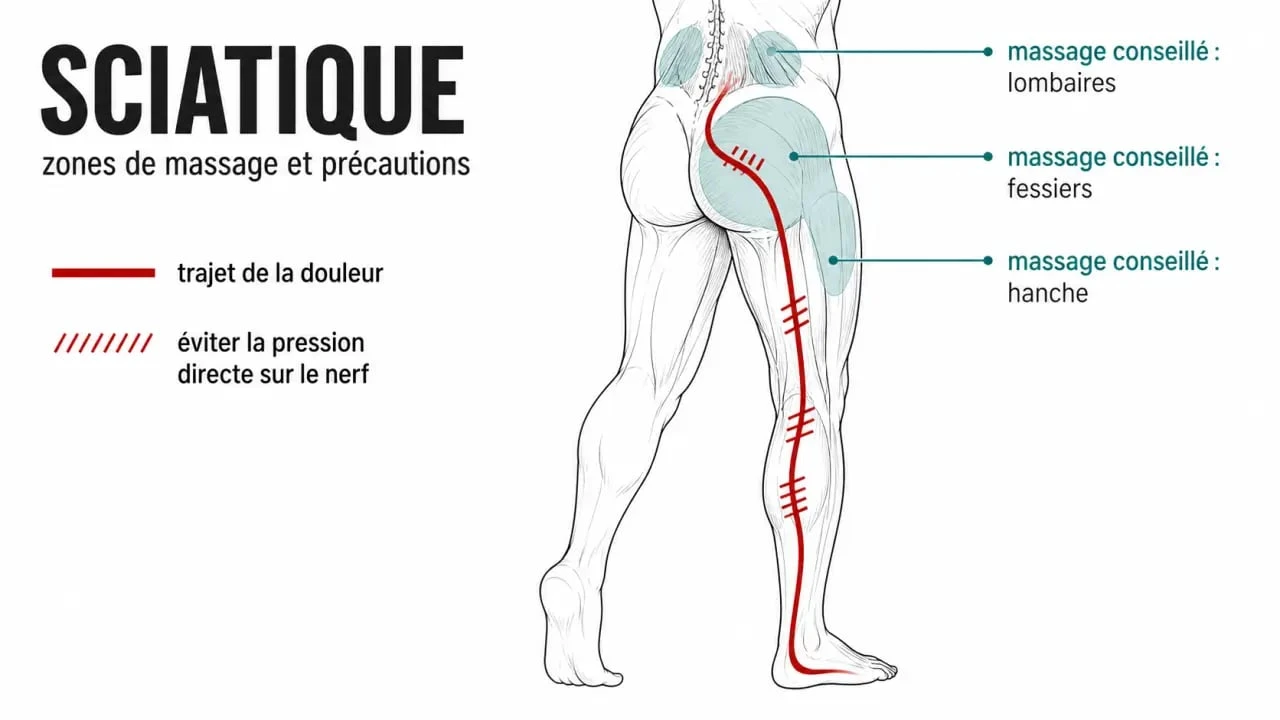 Massage pour sciatique : schéma des zones de douleur et des zones à masser