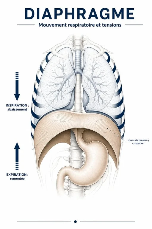Diaphragme bloqué traitement : schéma anatomique du diaphragme et de la respiration