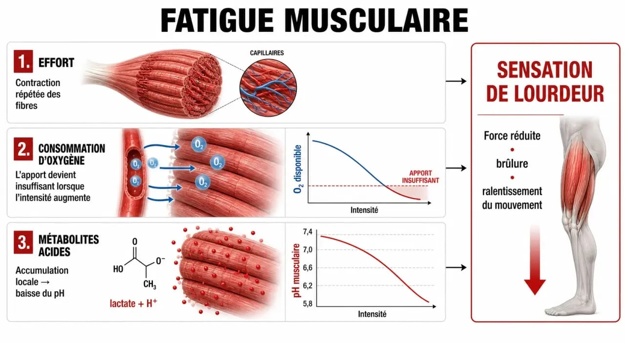 Schéma explicatif du mécanisme de la fatigue musculaire dans les jambes