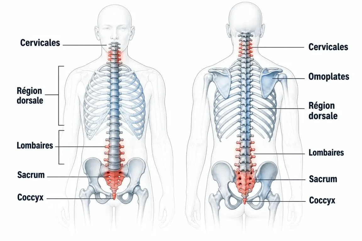 Schéma des douleurs dorsales signification avec zones du dos et repères anatomiques