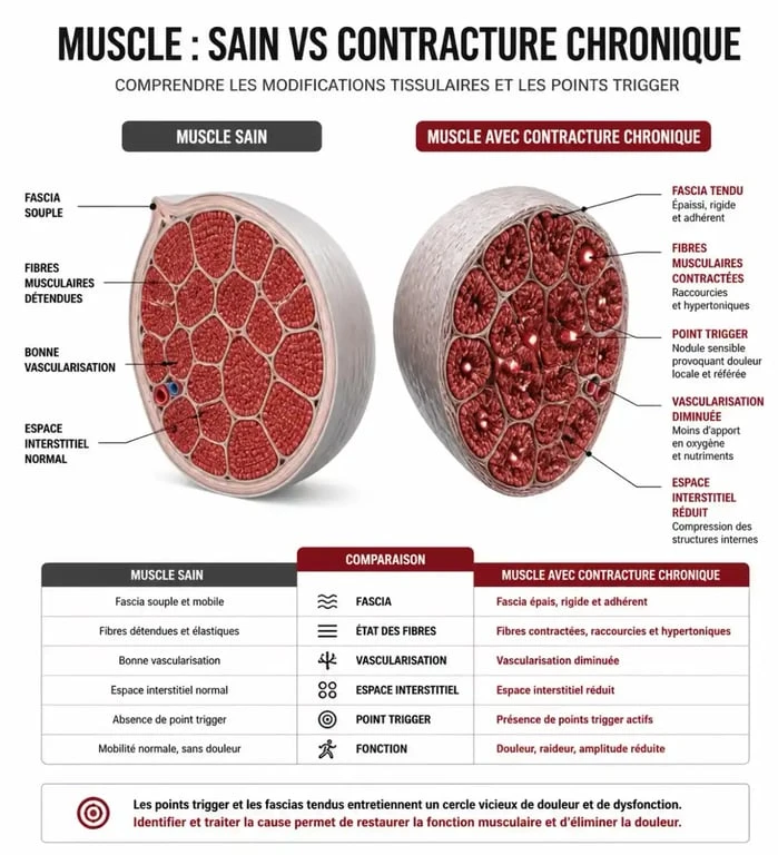 Schéma illustrant la différence entre un muscle sain et une contracture musculaire qui dure des mois avec points trigger.