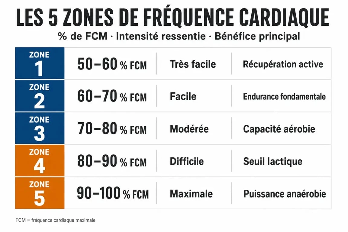 Infographie des zones de cardio zone 2 et intensités d'entraînement