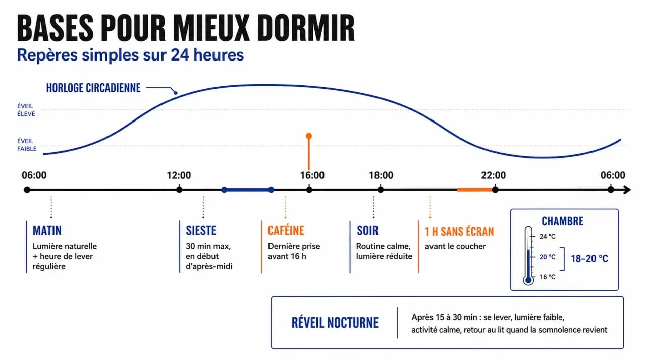 Infographie sur mieux dormir: les bases avec les horaires de caféine, la sieste, la température idéale de la chambre et la routine du coucher