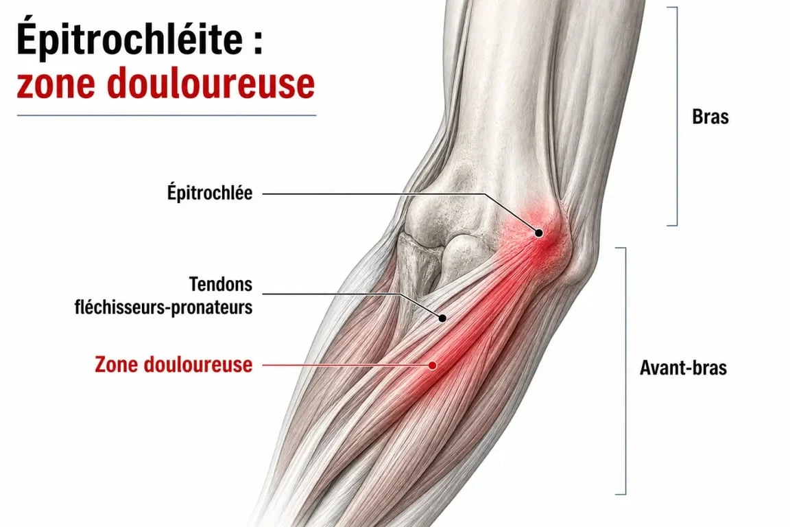 Épitrochléite coude : schéma de la face interne du coude et des tendons fléchisseurs-pronateurs