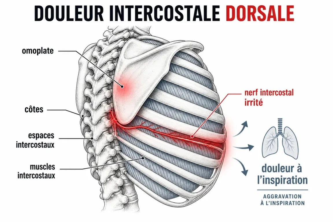 Douleur intercostal dans le dos : schéma anatomique de la cage thoracique et des espaces intercostaux