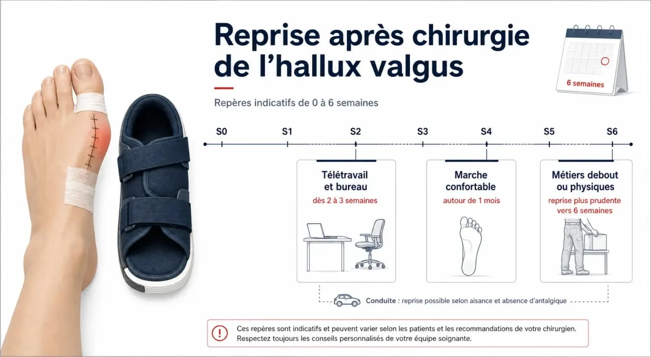 Opération hallux valgus durée arrêt travail : frise de reprise après chirurgie du pied de 0 à 6 semaines