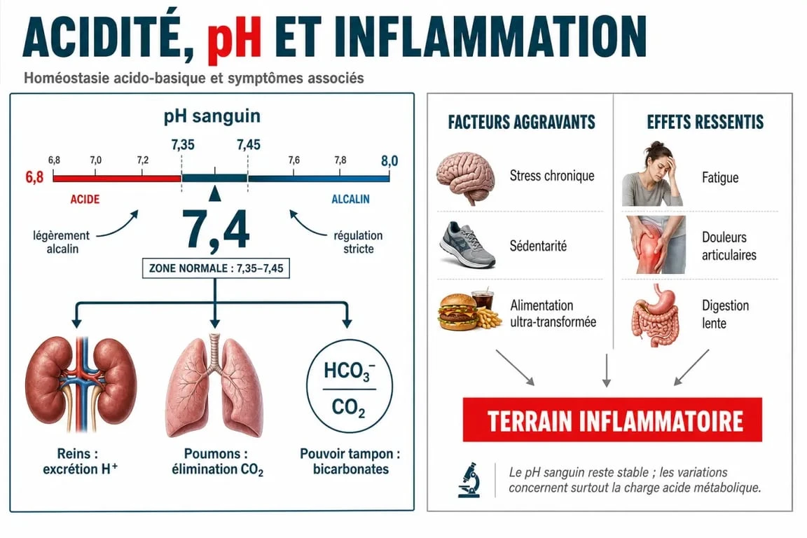 Acidité dans le corps et inflammation : schéma du pH sanguin, des reins, des poumons et des signes ressentis