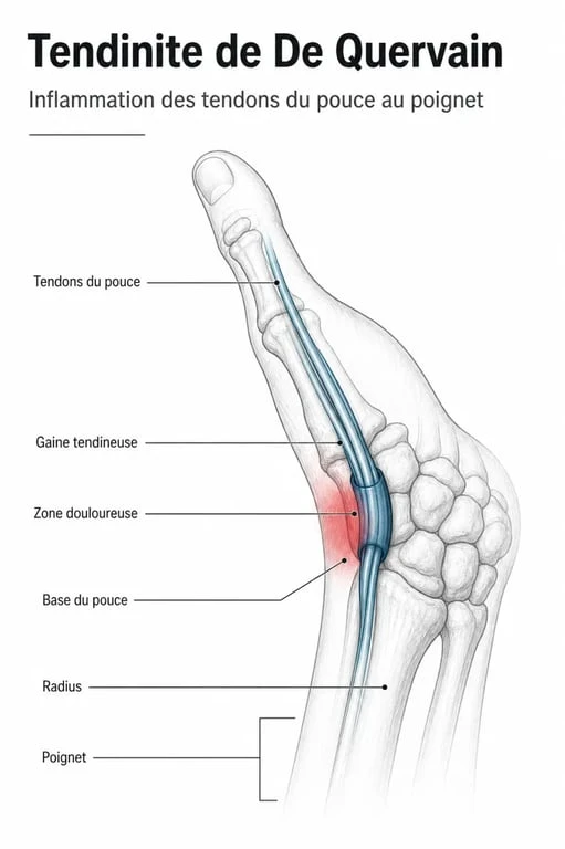 Schéma de l’inflammation du pouce montrant la zone douloureuse à la base du pouce et les tendons du poignet