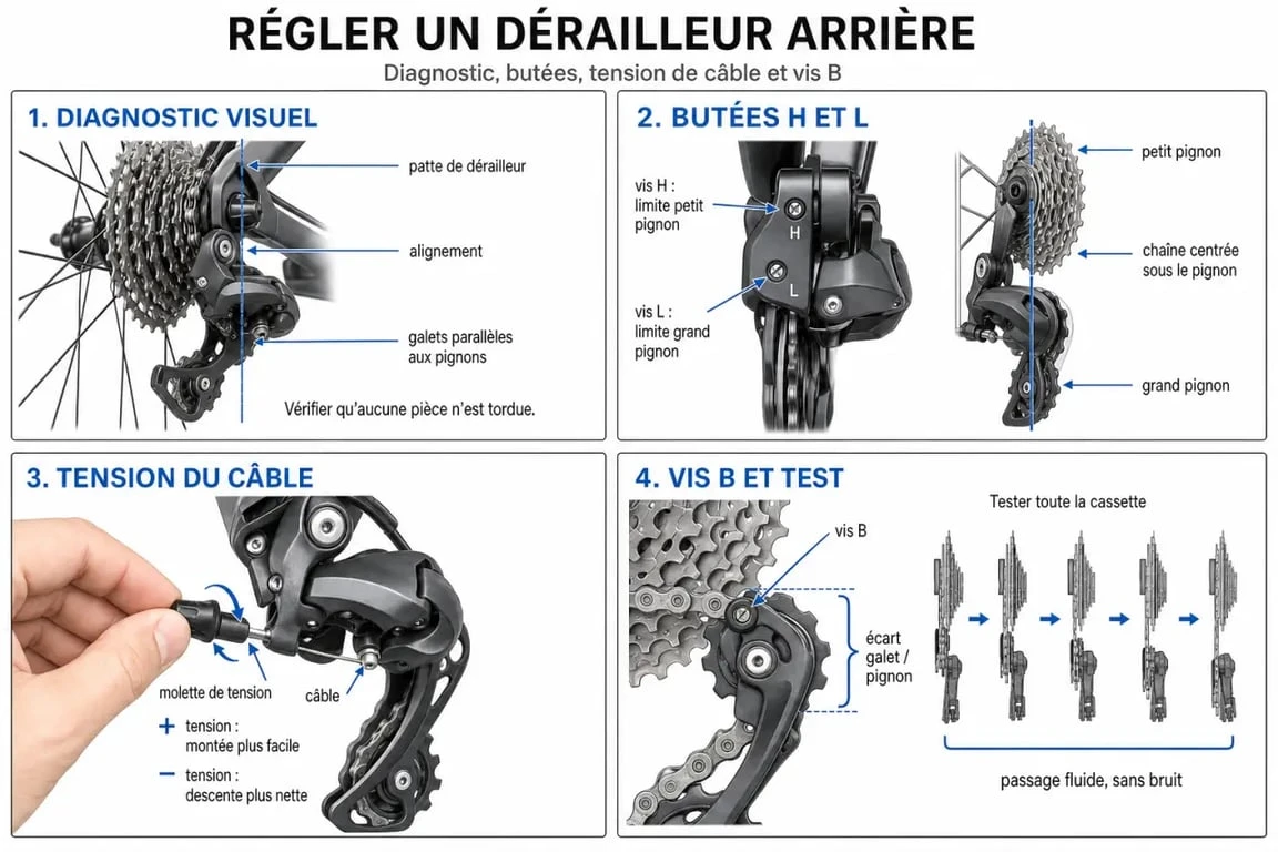 Régler dérailleur arrière : schéma pas à pas du diagnostic, des butées H et L, de la tension du câble et de la vis B