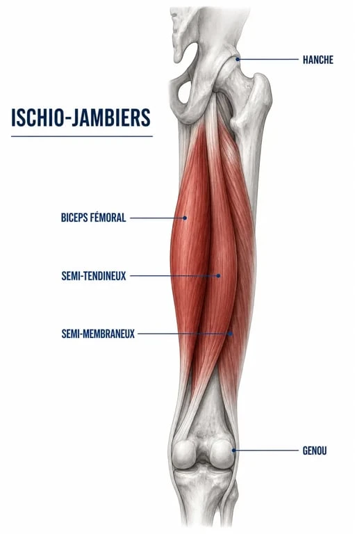 Schéma des muscles derrière la cuisse avec les ischio-jambiers, biceps fémoral, semi-tendineux et semi-membraneux