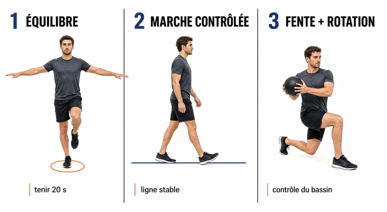 Travail proprioception : exercices simples pour l’équilibre sur un pied, la marche contrôlée et la fente avec rotation