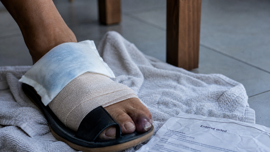 Entorse orteil : orteil gonflé après choc, avec bandage et compresse froide