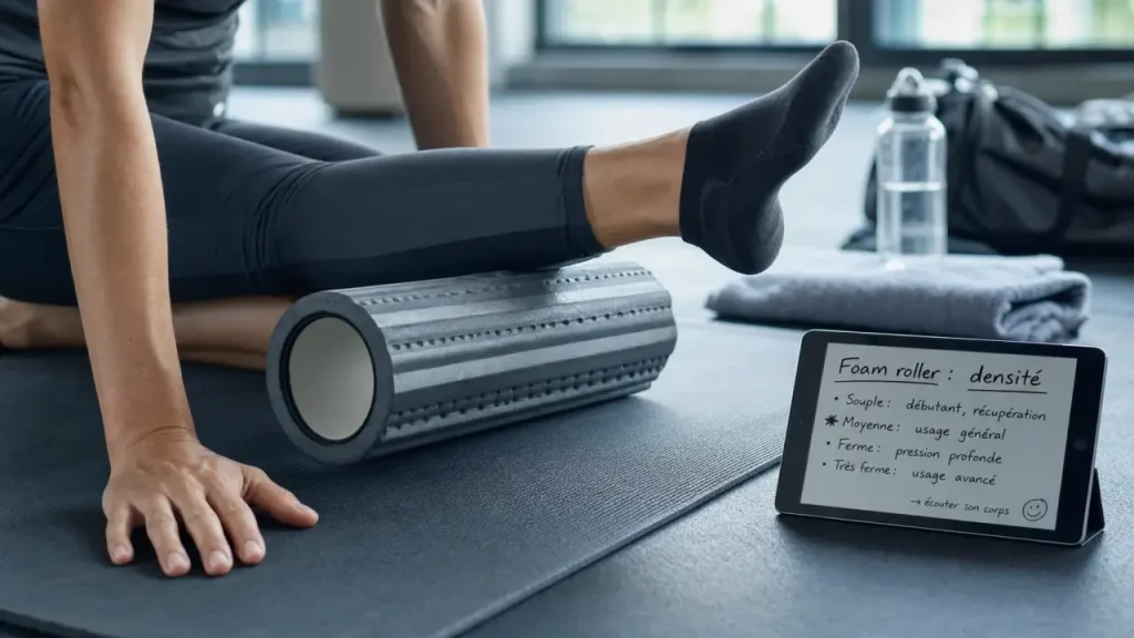 Foam roller sur tapis de yoga, personne roule le mollet